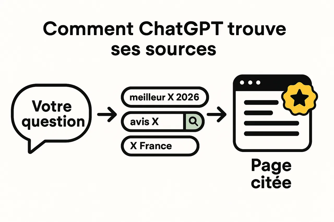 Schéma : une question posée à ChatGPT devient plusieurs requêtes courtes avec l'année, puis les pages récentes qui sortent sont citées