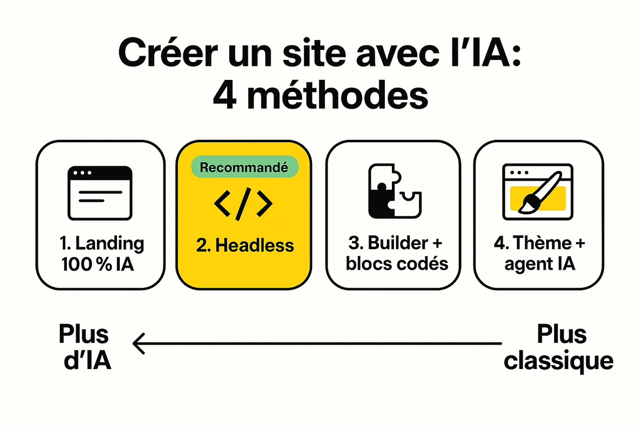 Les quatre méthodes pour créer un site avec l'IA, de la plus automatisée à la plus classique : landing 100 % IA, headless, builder avec blocs codés, thème et agent IA