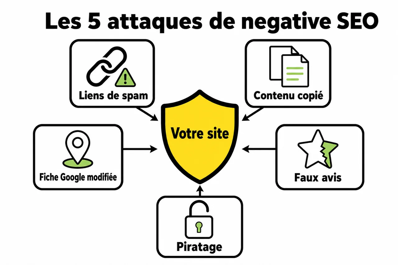Les cinq formes de negative SEO : liens de spam, contenu copié, fiche Google modifiée, faux avis, piratage