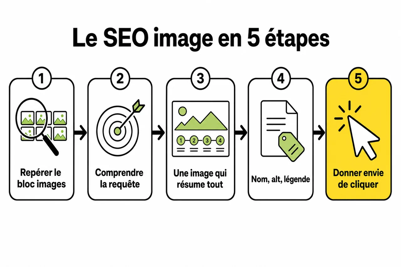 Les cinq étapes du SEO image : repérer le bloc d'images, comprendre la requête, créer une image qui résume tout, la nommer et la décrire, donner envie de cliquer