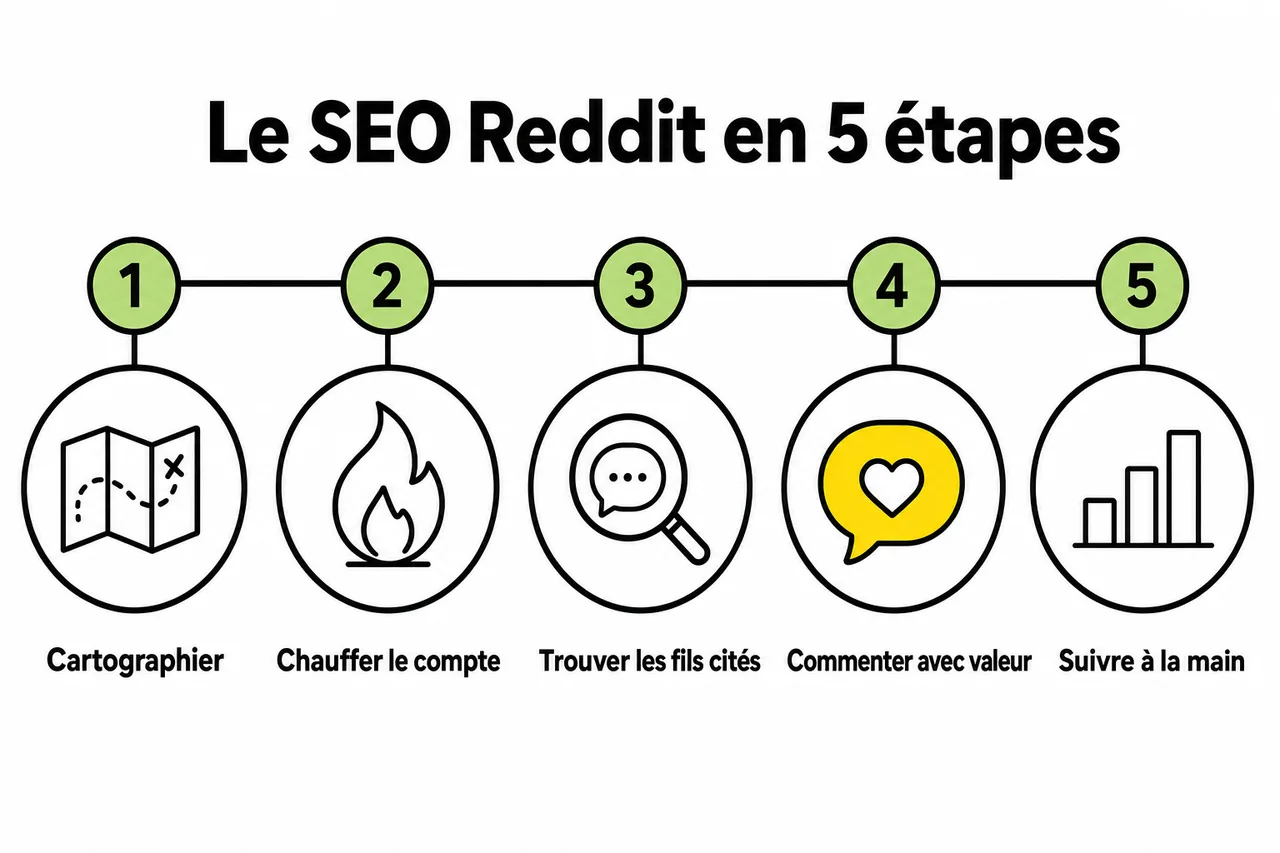 Les cinq étapes du SEO Reddit : cartographier les communautés, chauffer son compte, trouver les fils cités par ChatGPT, commenter avec valeur, entretenir sa présence