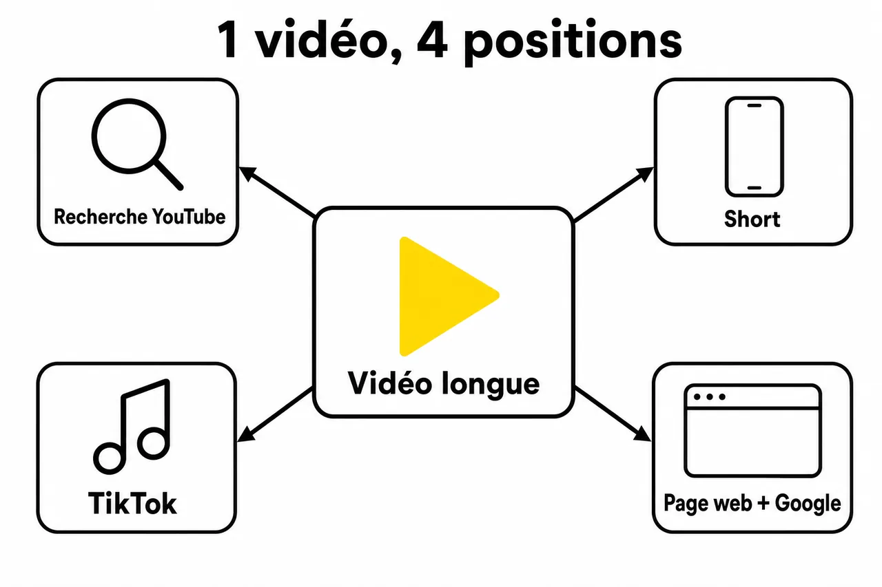 Schéma : une vidéo longue devient un Short, une vidéo TikTok et une page web, pour se positionner sur YouTube, TikTok et Google