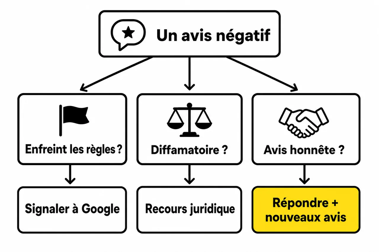 Arbre de décision pour un avis Google négatif : signaler s'il enfreint les règles, recours juridique s'il est diffamatoire, sinon répondre et obtenir plus d'avis