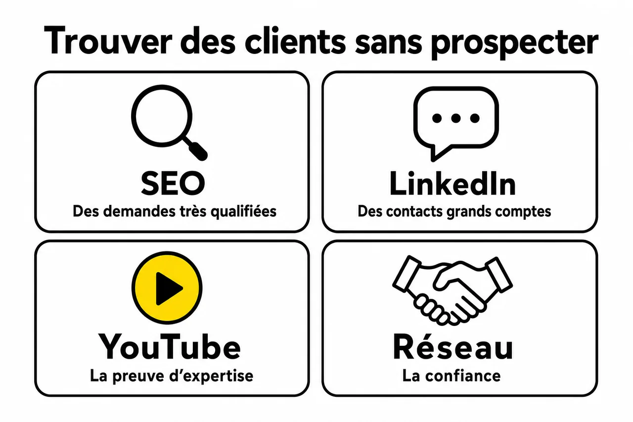 Comparaison des quatre canaux long terme pour trouver des clients SEO : SEO, LinkedIn, YouTube et réseau
